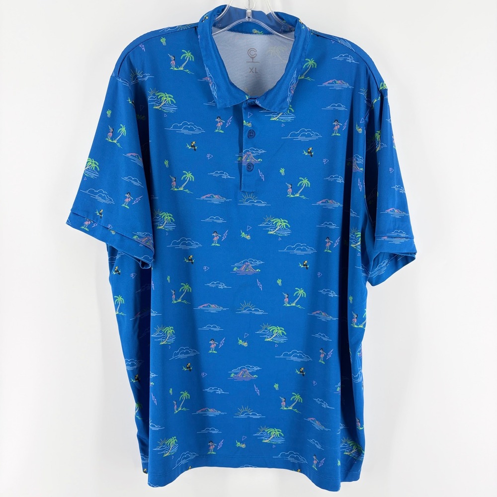 Caddy Cart Golf Shirt Mens XL Blue Hula Girl Tropical Performance Polo Hawaiian - Picture 1 of 7